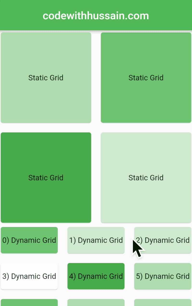 Flutter SliverGrid with Static and dynamic Data Example Preview